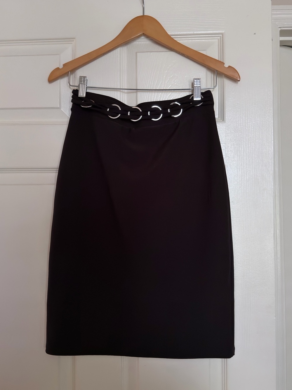Classic Black Pencil Skirt with Silver Ring Detail